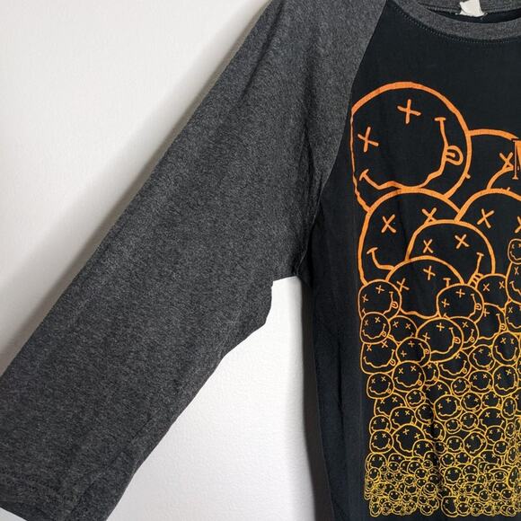 Nirvana Black Graphic Print Baseball T-Shirt 3/4 Sleeve Smiley Face Crewneck - Picture 4 of 5